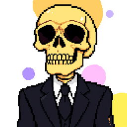 A pixel art depiction of a skull dressed in a stylish suit