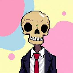 A pixel art depiction of a skull dressed in a stylish suit