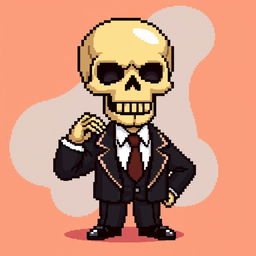 A pixel art depiction of a skull dressed in a stylish suit