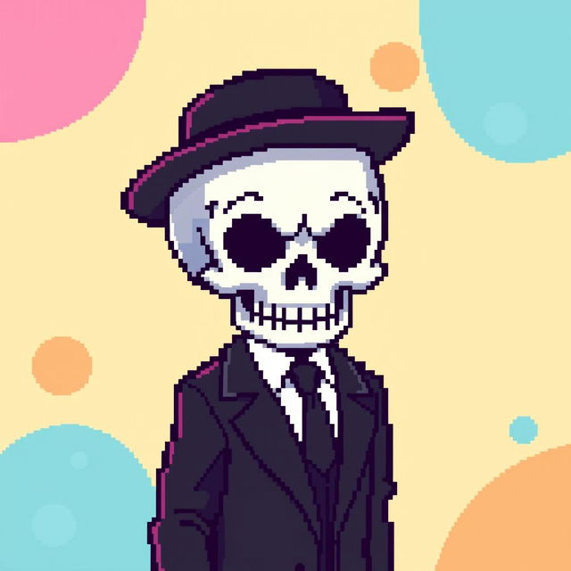 A pixel art depiction of a skull dressed in a stylish suit