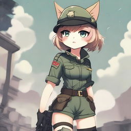 A high-quality digital art portraying an anime-style cat girl soldier in shorts