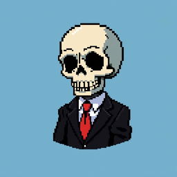 A pixel art representation of a skull dressed in a stylish suit