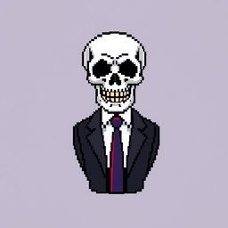 A pixel art representation of a skull dressed in a stylish suit