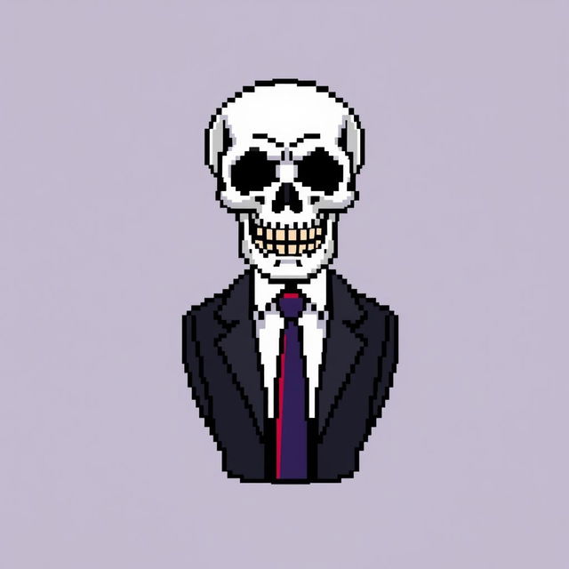 A pixel art representation of a skull dressed in a stylish suit
