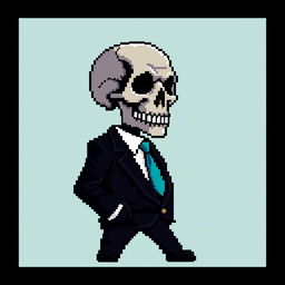 A pixel art representation of a skull dressed in a stylish suit