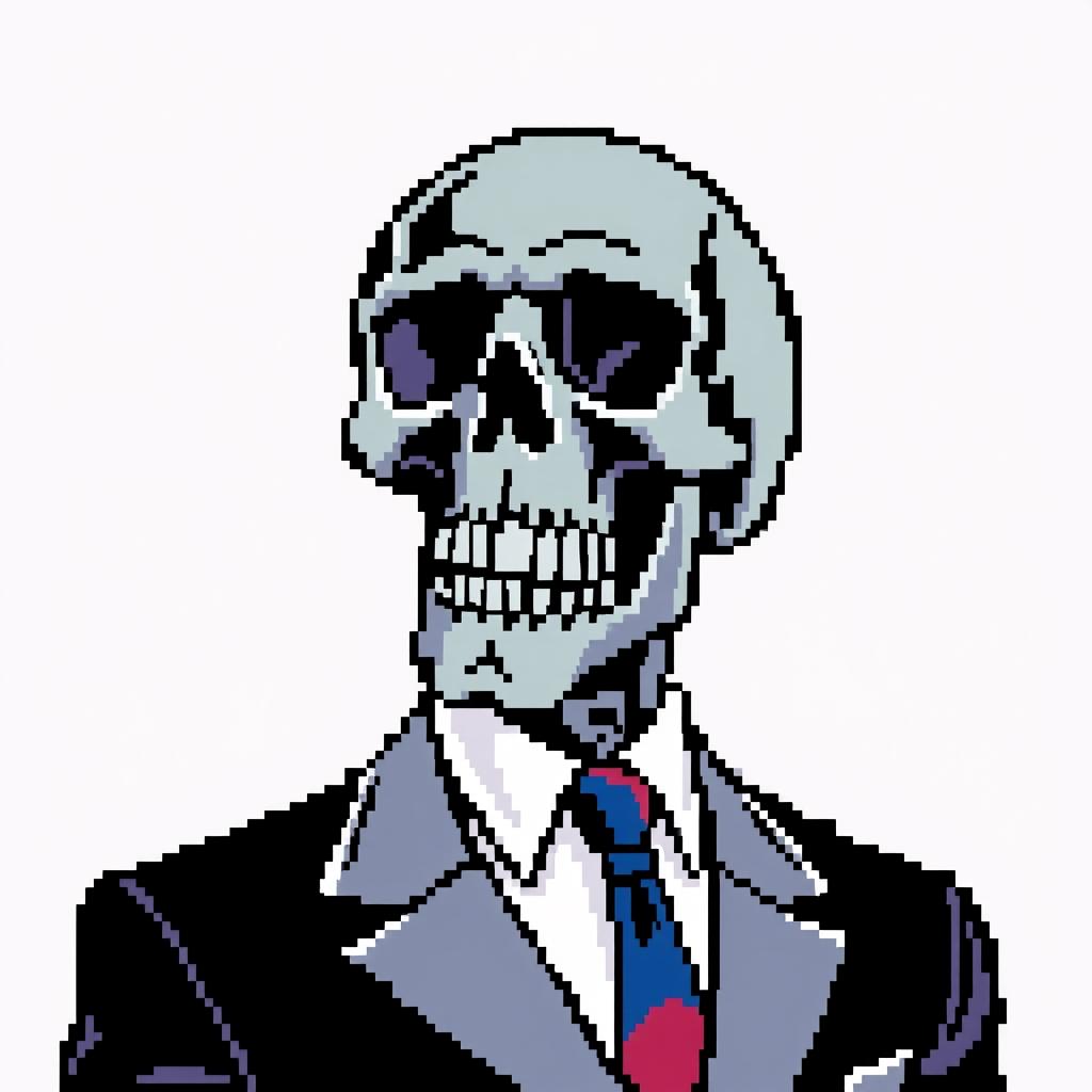 A pixel art representation of a skull dressed in a stylish suit