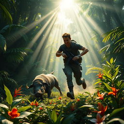 A dynamic scene of an AK-47 wielding character running through a lush, dense jungle