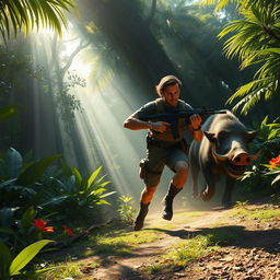 A dynamic scene of an AK-47 wielding character running through a lush, dense jungle