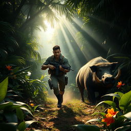 A dynamic scene of an AK-47 wielding character running through a lush, dense jungle