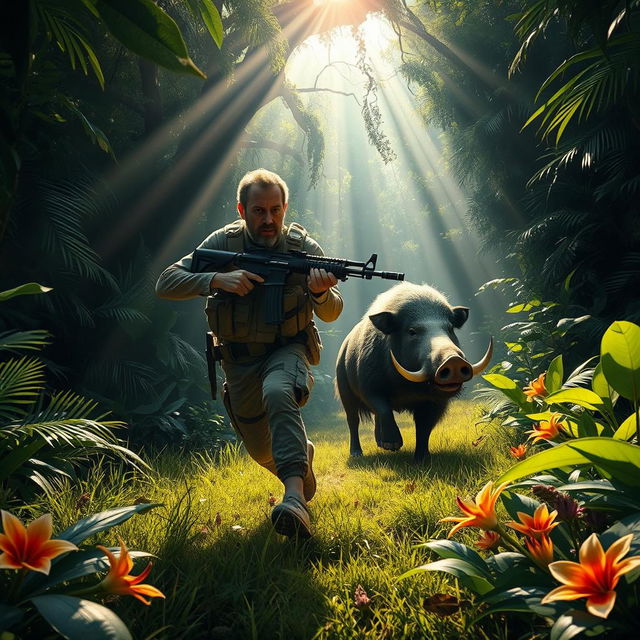 A dynamic scene of an AK-47 wielding character running through a lush, dense jungle