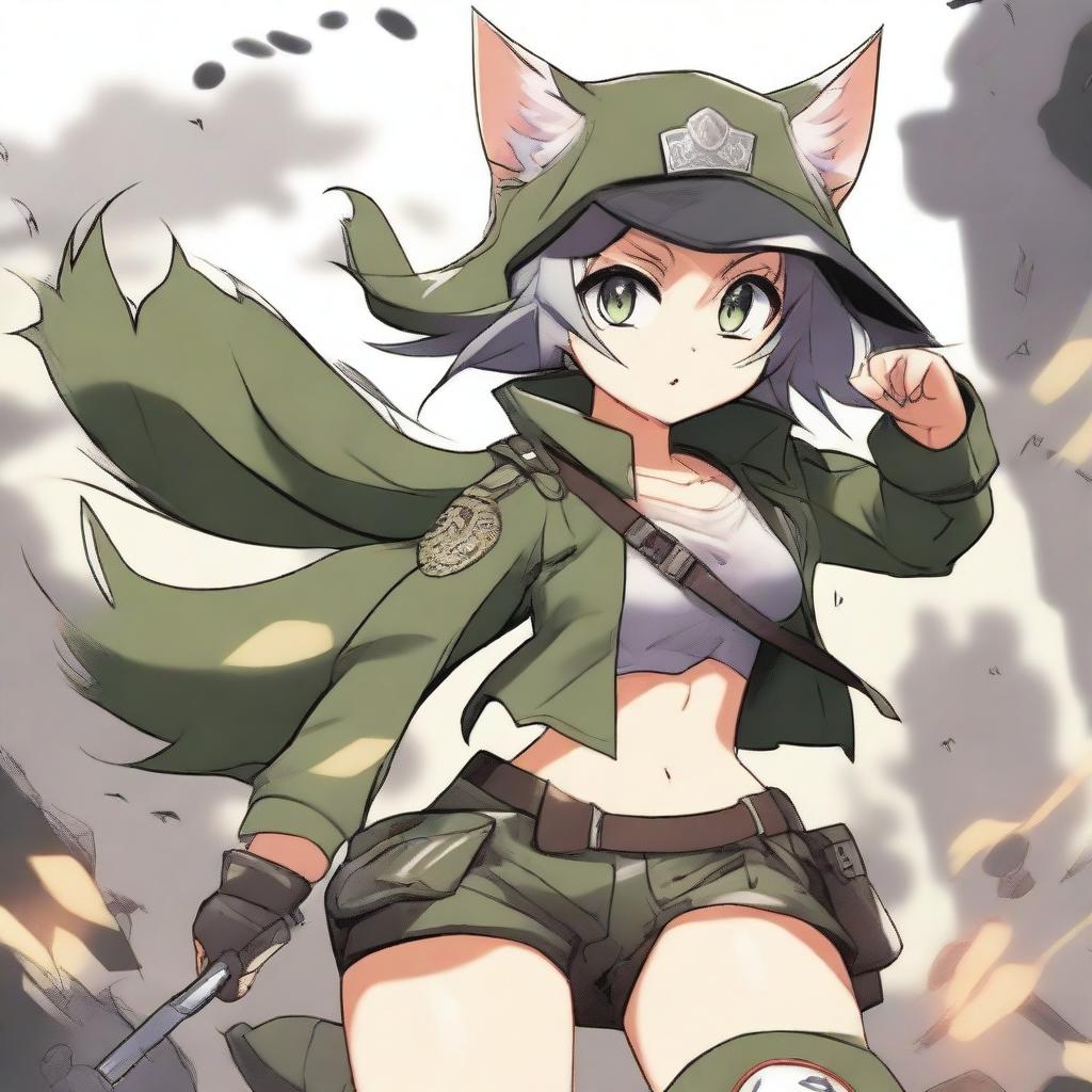 A premium quality digital art image showcasing an anime-style cat girl soldier in shorts, engaged in a fierce battle on a battlefield