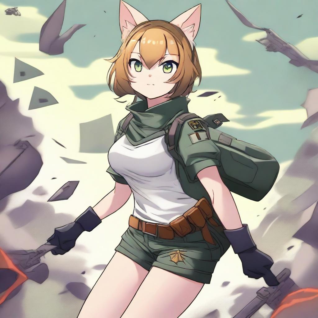 A premium quality digital art image showcasing an anime-style cat girl soldier in shorts, engaged in a fierce battle on a battlefield