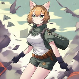 A premium quality digital art image showcasing an anime-style cat girl soldier in shorts, engaged in a fierce battle on a battlefield