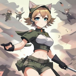 A premium quality digital art image showcasing an anime-style cat girl soldier in shorts, engaged in a fierce battle on a battlefield