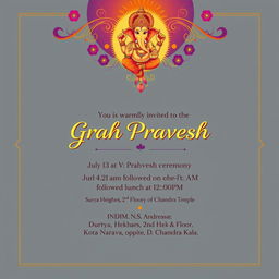 An elegant and colorful wedding invitation template for 'Grah Pravesh' ceremony