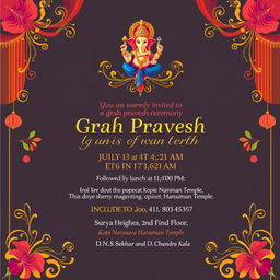 An elegant and colorful wedding invitation template for 'Grah Pravesh' ceremony
