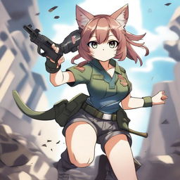 A premium quality digital art image showcasing an anime-style cat girl soldier in shorts, engaged in a fierce battle on a battlefield