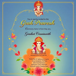 An elegant and colorful wedding invitation template for 'Grah Pravesh' ceremony