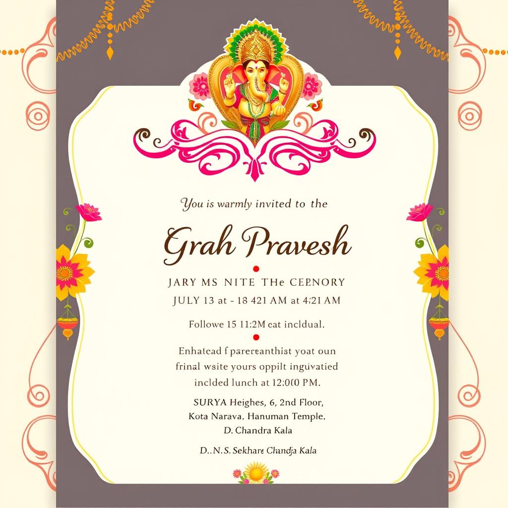 An elegant and colorful wedding invitation template for 'Grah Pravesh' ceremony
