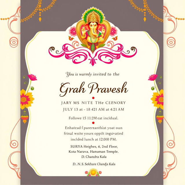 An elegant and colorful wedding invitation template for 'Grah Pravesh' ceremony