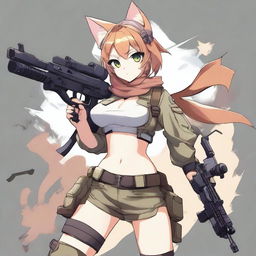 This is a top-tier digital art image, featuring an anime-style cat girl soldier in shorts, armed with a machine gun