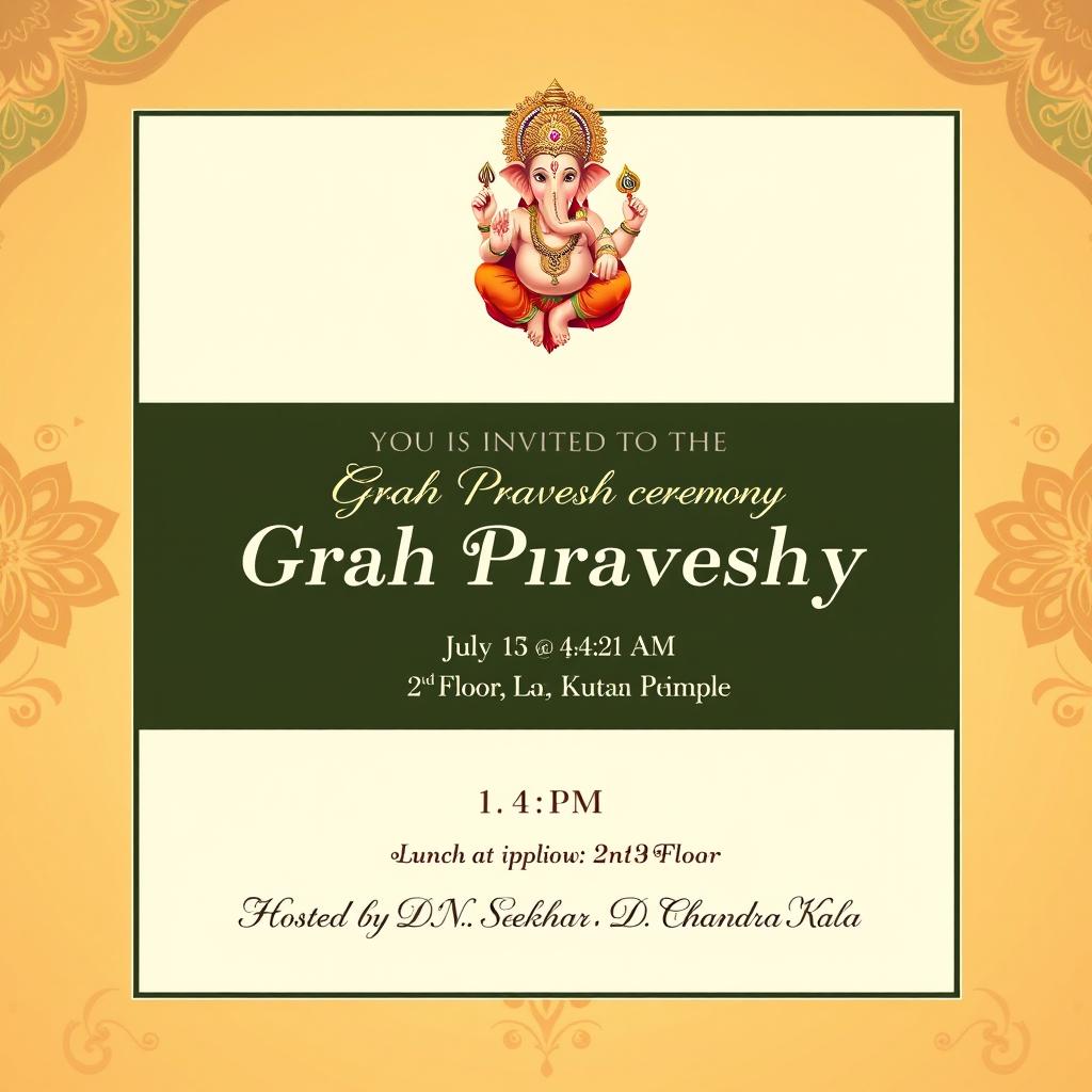 An elegant invitation template for a Grah Pravesh ceremony, featuring a beautiful image of Lord Ganesh at the top