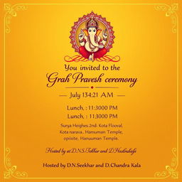 An elegant invitation template for a Grah Pravesh ceremony, featuring a beautiful image of Lord Ganesh at the top