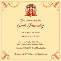 An elegant invitation template for a Grah Pravesh ceremony, featuring a beautiful image of Lord Ganesh at the top