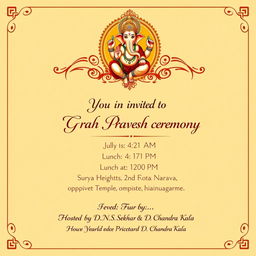 An elegant invitation template for a Grah Pravesh ceremony, featuring a beautiful image of Lord Ganesh at the top