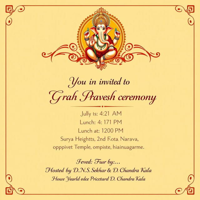 An elegant invitation template for a Grah Pravesh ceremony, featuring a beautiful image of Lord Ganesh at the top