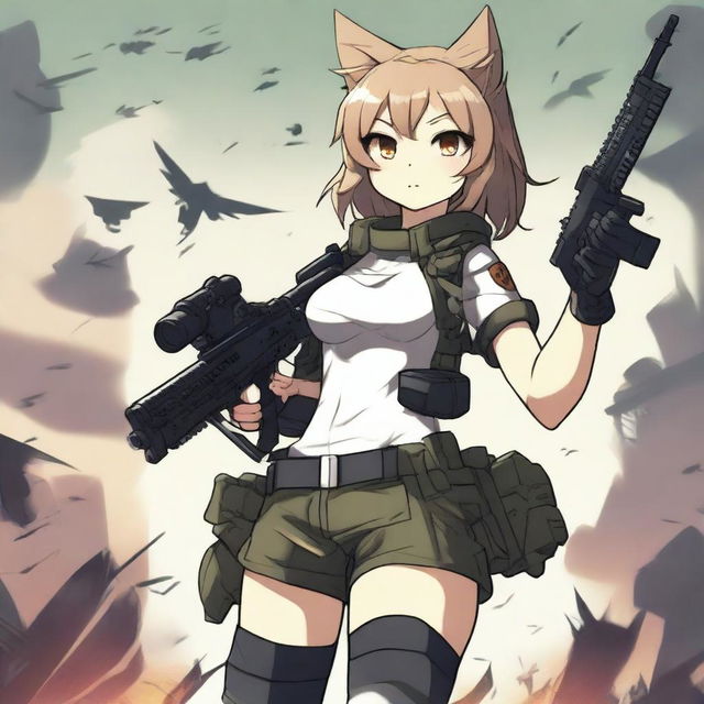 This is a top-tier digital art image, featuring an anime-style cat girl soldier in shorts, armed with a machine gun