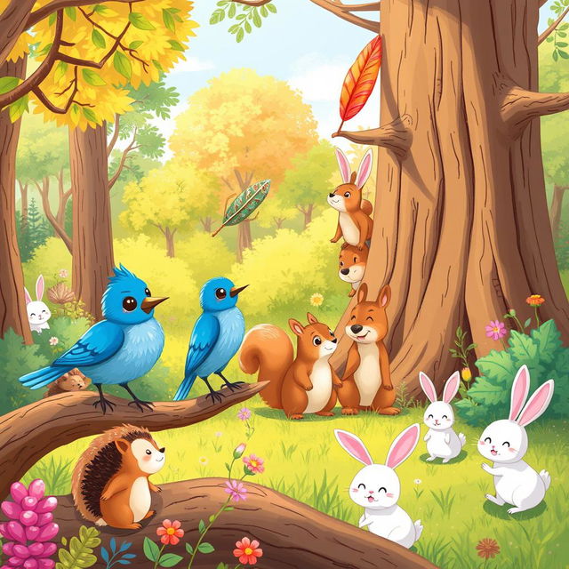 A whimsical illustration of a sunny afternoon in a vibrant forest