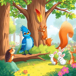 A whimsical illustration of a sunny afternoon in a vibrant forest