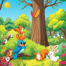 A whimsical illustration of a sunny afternoon in a vibrant forest