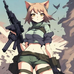 This is a top-tier digital art image, featuring an anime-style cat girl soldier in shorts, armed with a machine gun