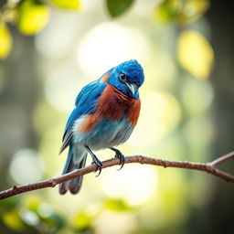 A vibrant bluebird perched on a branch, featuring one exceptionally bright feather that stands out among its stunning blue plumage