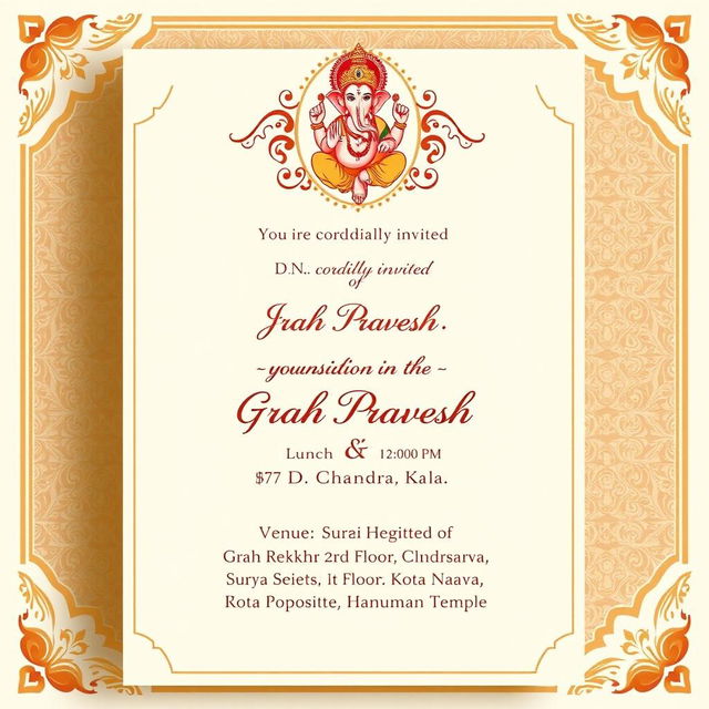 An elegant invitation template for a Grah Pravesh ceremony on July 13 at 4:21 AM, featuring lunch at 12:00 PM