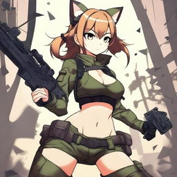 This is a top-tier digital art image, featuring an anime-style cat girl soldier in shorts, armed with a machine gun