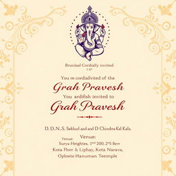 An elegant invitation template for a Grah Pravesh ceremony on July 13 at 4:21 AM, featuring lunch at 12:00 PM