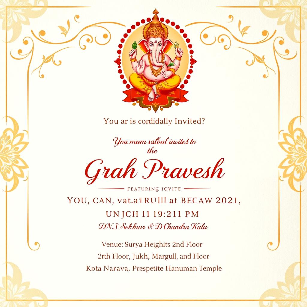 An elegant invitation template for a Grah Pravesh ceremony on July 13 at 4:21 AM, featuring lunch at 12:00 PM