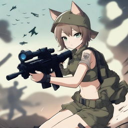 An exquisite digital art image illustrating an anime-style cat girl soldier in shorts, firing a machine gun on a battlefield