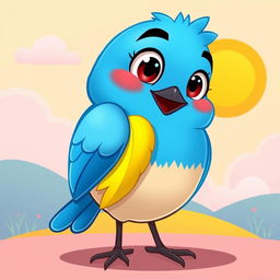 A cartoonish bluebird with vibrant blue plumage, featuring one exceptionally bright feather that stands out, possibly in a shade like bright yellow or red