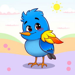 A cartoonish bluebird with vibrant blue plumage, featuring one exceptionally bright feather that stands out, possibly in a shade like bright yellow or red