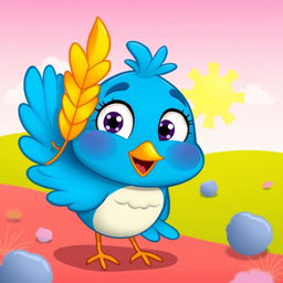 A cartoonish bluebird with vibrant blue plumage, featuring one exceptionally bright feather that stands out, possibly in a shade like bright yellow or red