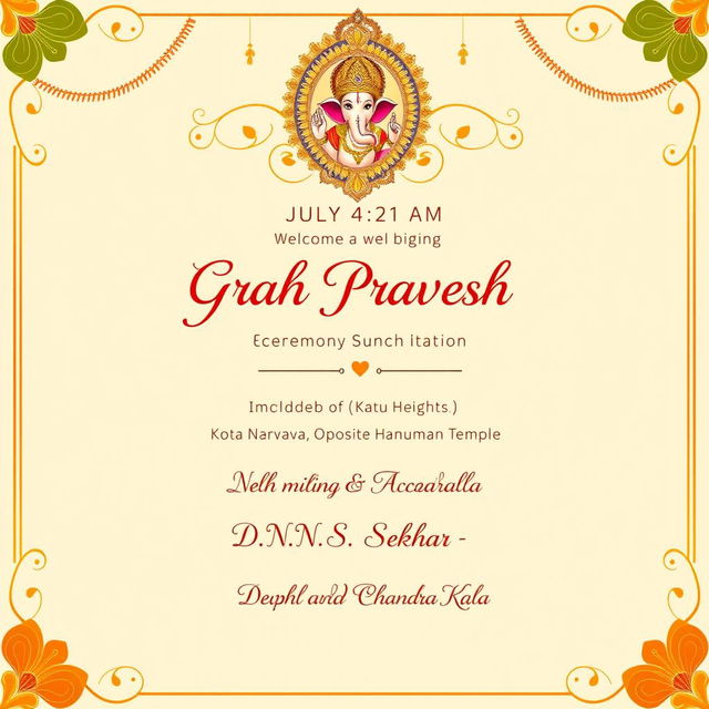 A beautifully designed invitation template for a 'Grah Pravesh' ceremony