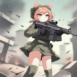 An exquisite digital art image illustrating an anime-style cat girl soldier in shorts, firing a machine gun on a battlefield