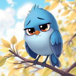 A cartoon-style bluebird with large expressive eyes, drooping wings, and a frown, conveying a sense of sadness