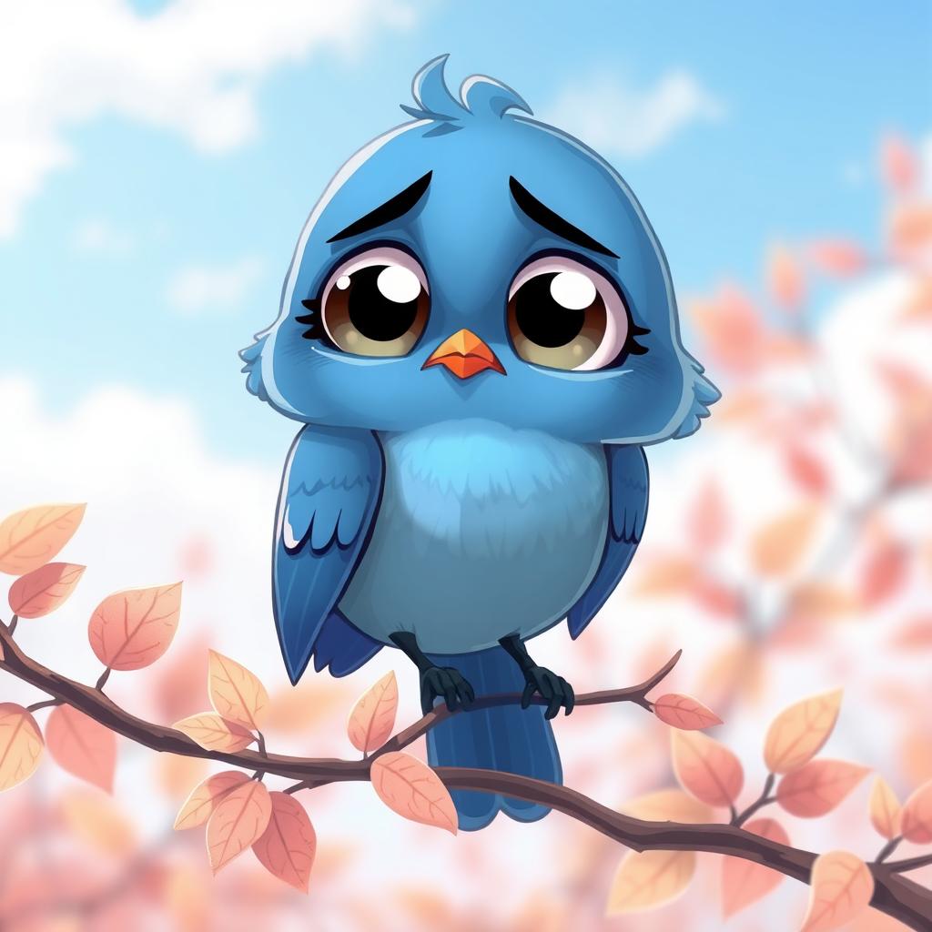 A cartoon-style bluebird with large expressive eyes, drooping wings, and a frown, conveying a sense of sadness