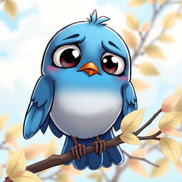 A cartoon-style bluebird with large expressive eyes, drooping wings, and a frown, conveying a sense of sadness