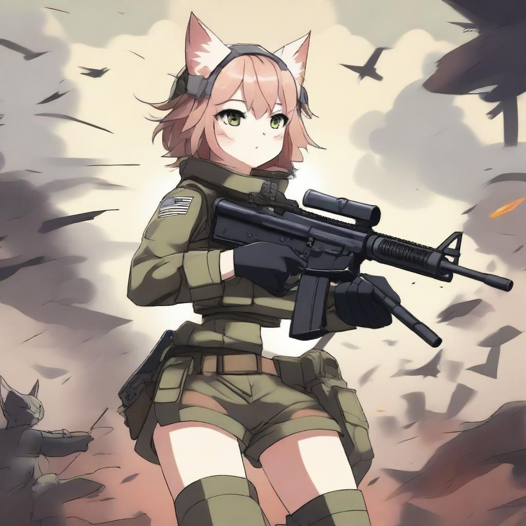 An exquisite digital art image illustrating an anime-style cat girl soldier in shorts, firing a machine gun on a battlefield